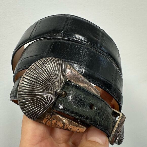 Vintage Onyx Western Belt Black Leather Croc Embossed Silver Tone Hardware L